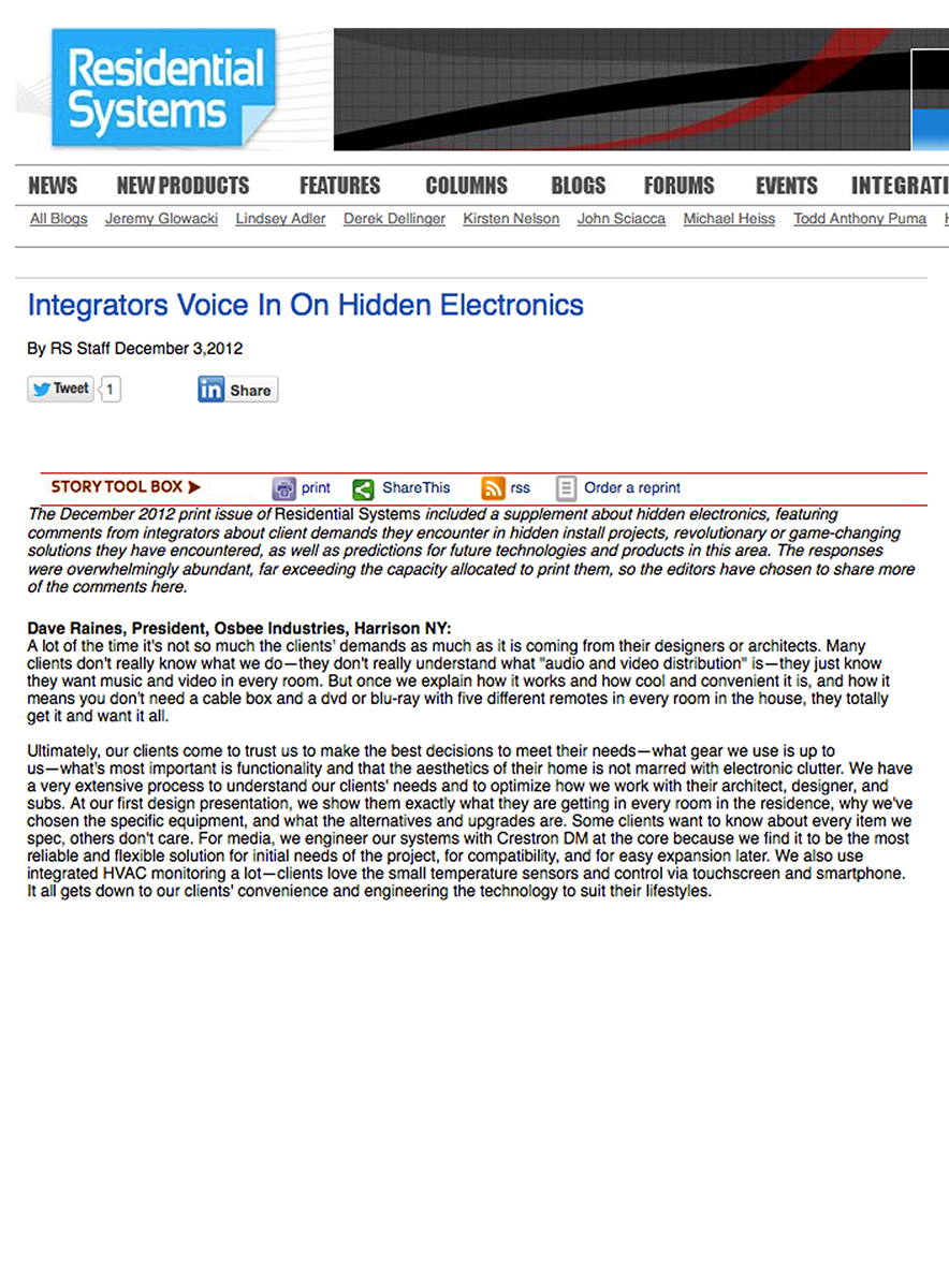 Residential Systems Online: Osbee On Hidden Electronics Residential Systems Online: Osbee On Hidden Electronics